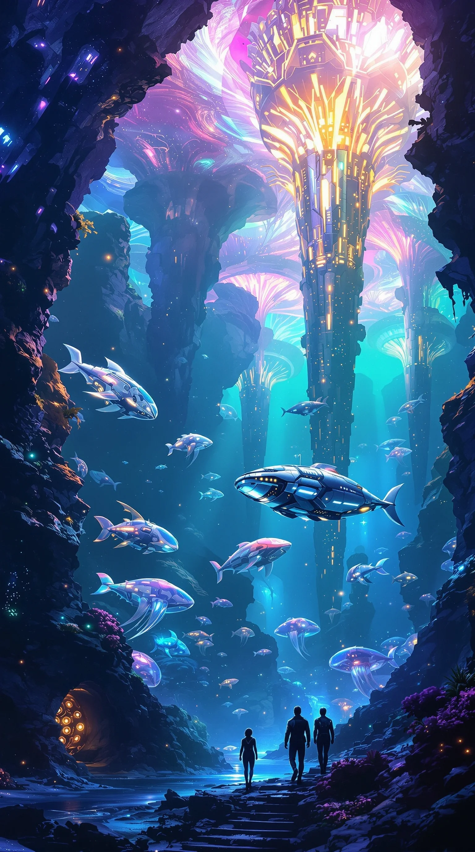 Leyla, Flow Guardian, water-fire artwork with steam-wreathed ceremonial scene