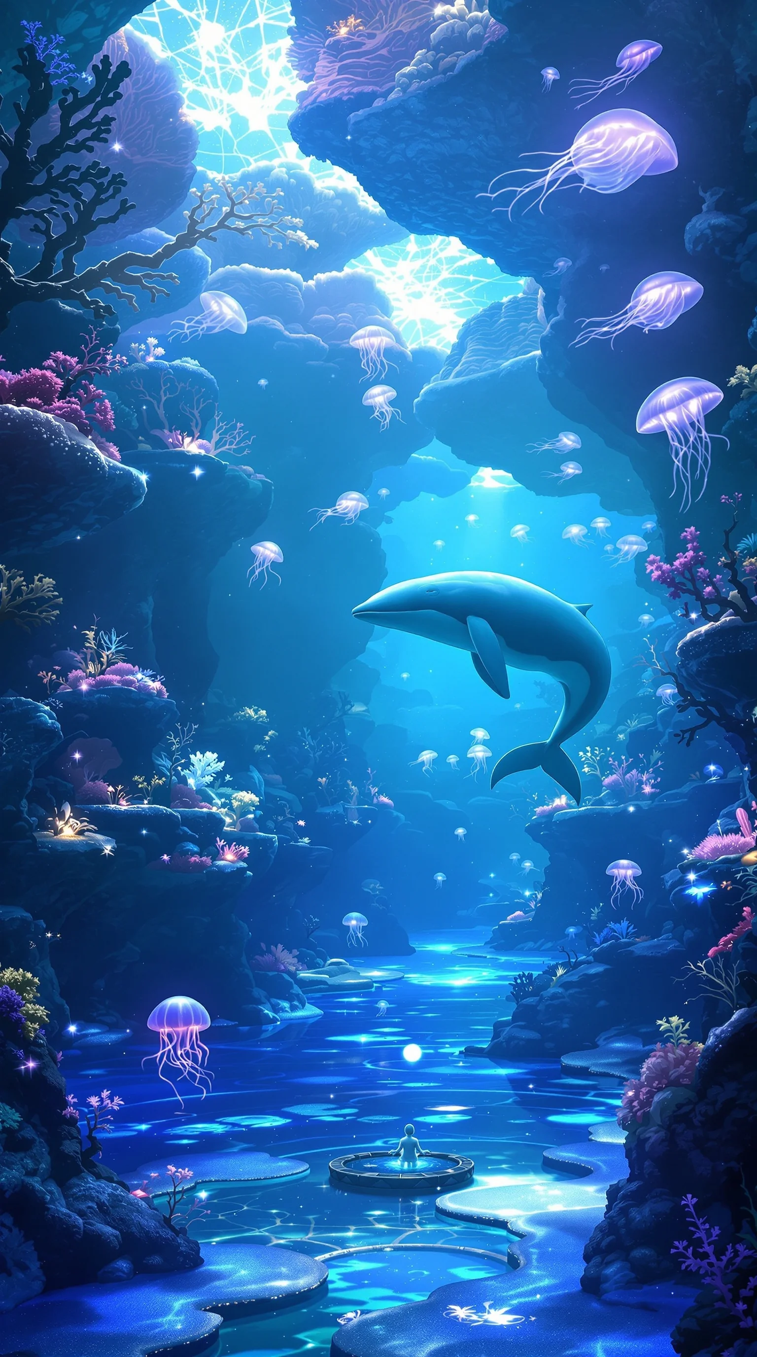 Leyla, Flow Guardian, water-fire artwork with phoenix-serpent motifs and rising vapor