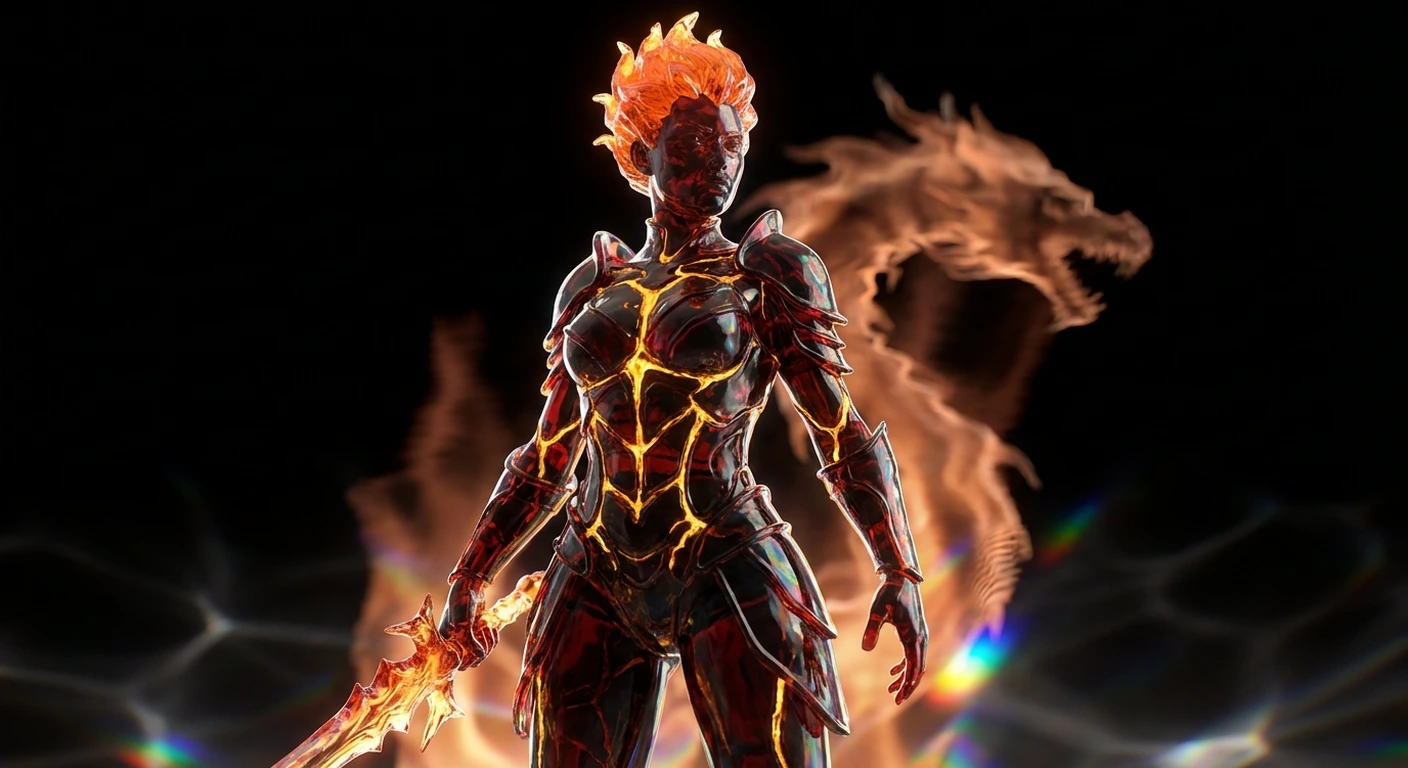 Draconia, Fire Guardian, cinematic landscape banner with volcanic forge and rivers of molten gold