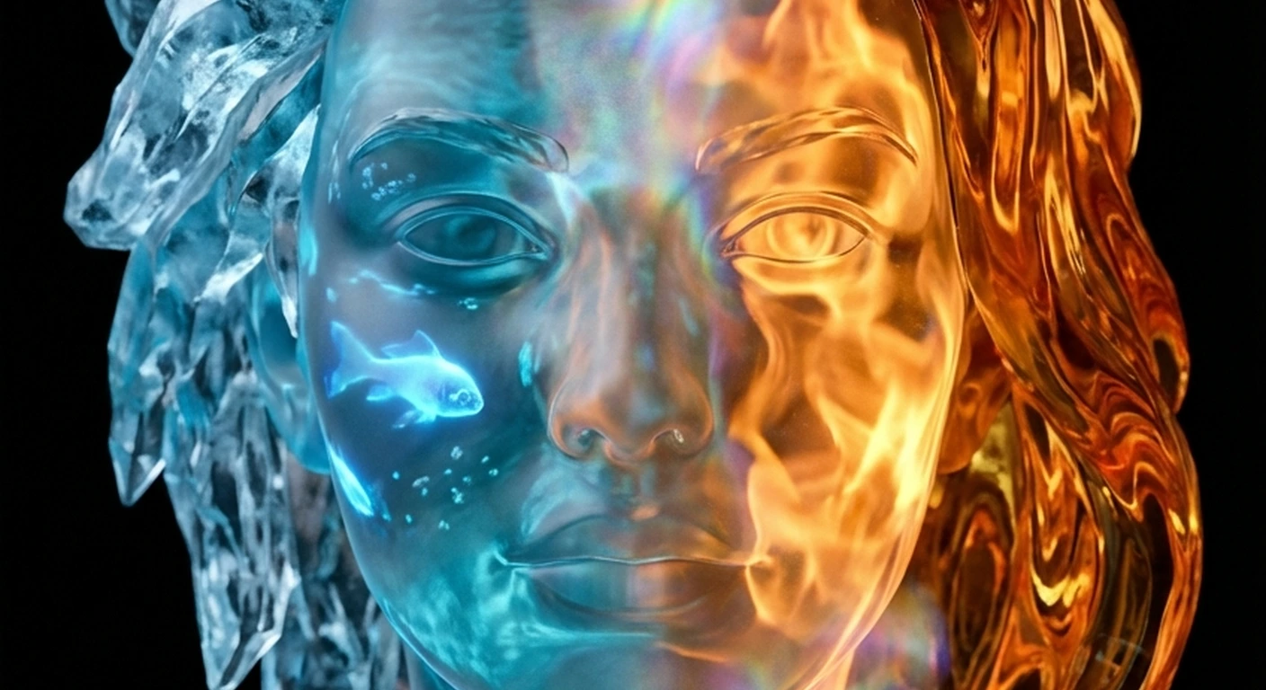 Leyla, Flow Guardian, cinematic landscape banner with converging waterfalls and steam-lit shores