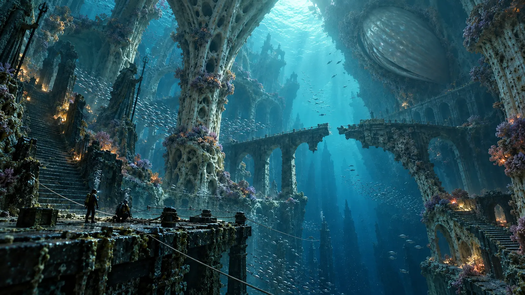 A submerged limestone cathedral and living reef descend into a cobalt gulf, with black stairs, a broken crossing and tiny divers.