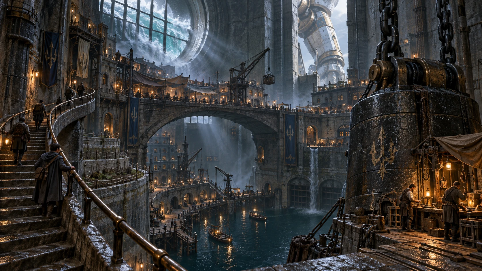 A spiral inspection stair, inhabited market bridge and ferry basin descend through a huge pressure vault beside a suspended counterweight.