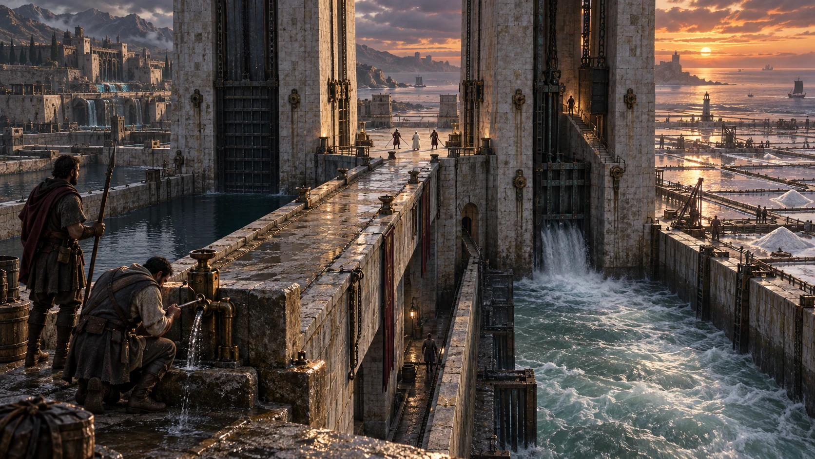 Two enormous rectangular sluice towers frame a narrow court; workers open a drinking-water tap above separate water channels, with a lower service ledge and an internal counterweight stair.