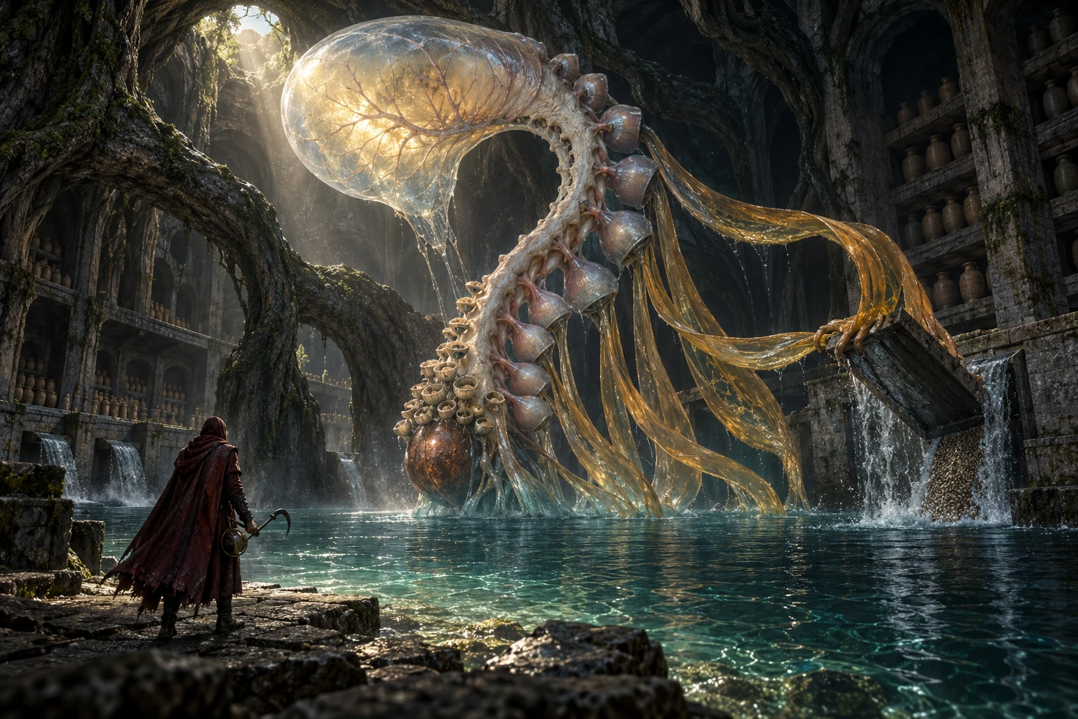 A huge translucent, question-mark-shaped colony rises from a flooded seed vault; specialized bells line a carbonate stem and amber ribbons lift a heavy sluice cover.
