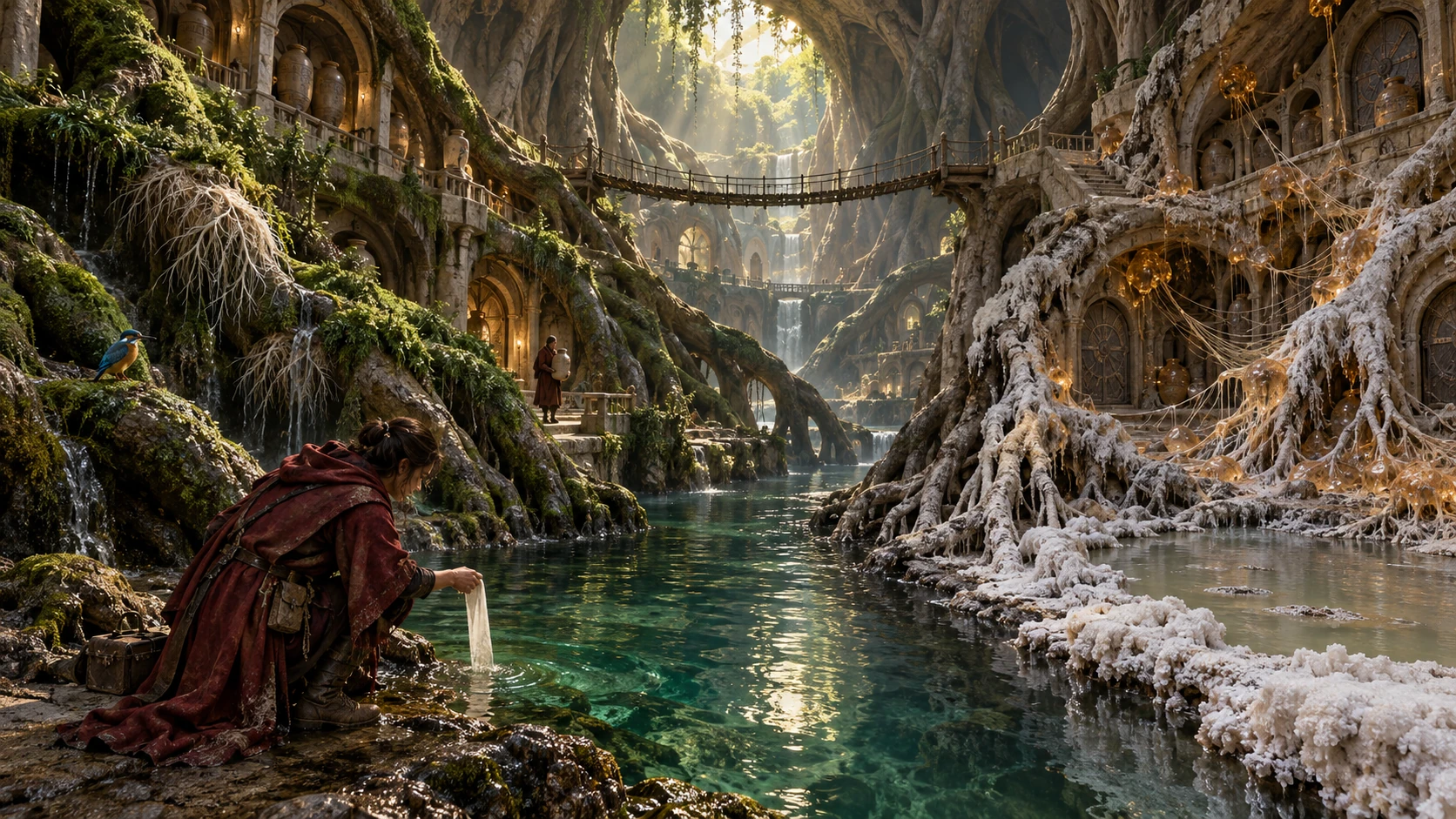 A keeper samples the channel beneath monumental forest roots; green living moss and a small bird occupy one bank while salt crust and amber colonial growth cover the other.