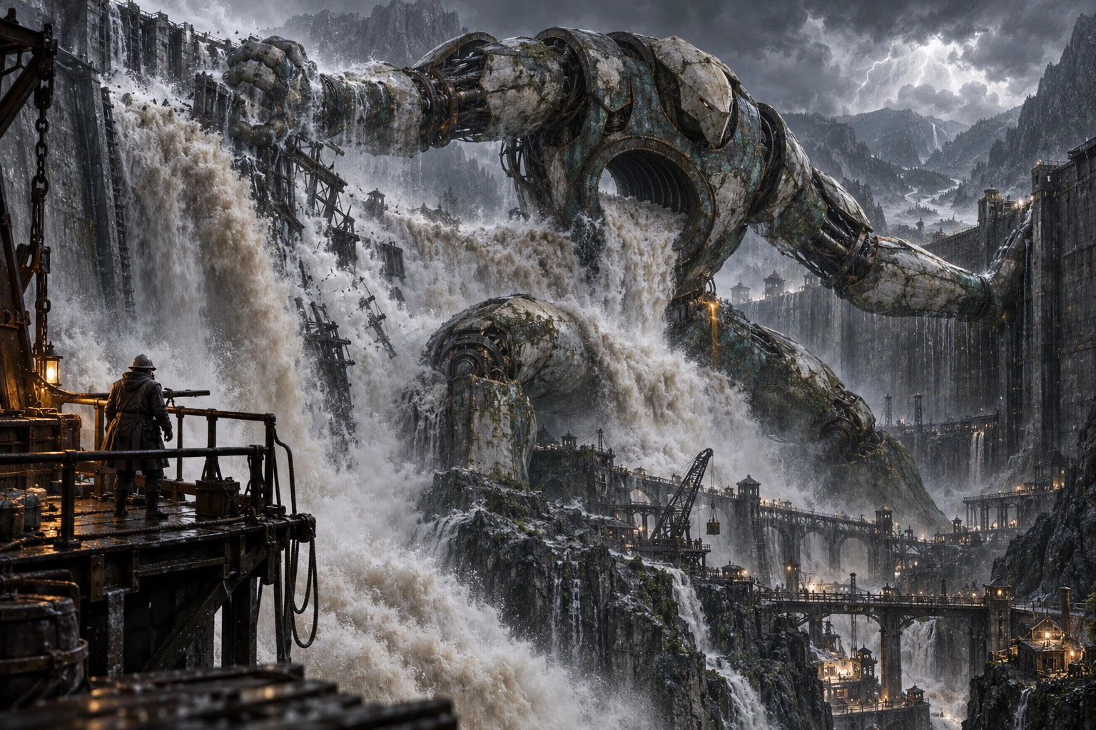 Orvess braces bronze and ceramic limbs across a flooded dam, a working water conduit through its torso and a tiny engineer on the foreground gantry.