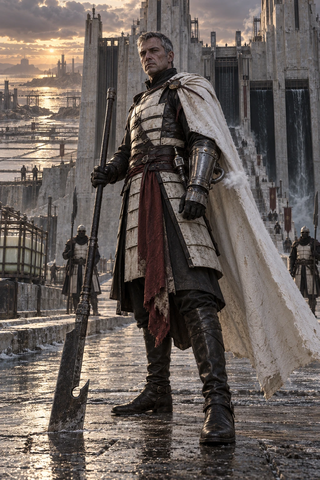 A weathered human marshal in practical ivory and black armor stands with a long white mantle, a squared sluice-hook polearm and a venting pressure gauntlet before a tidal fortress.