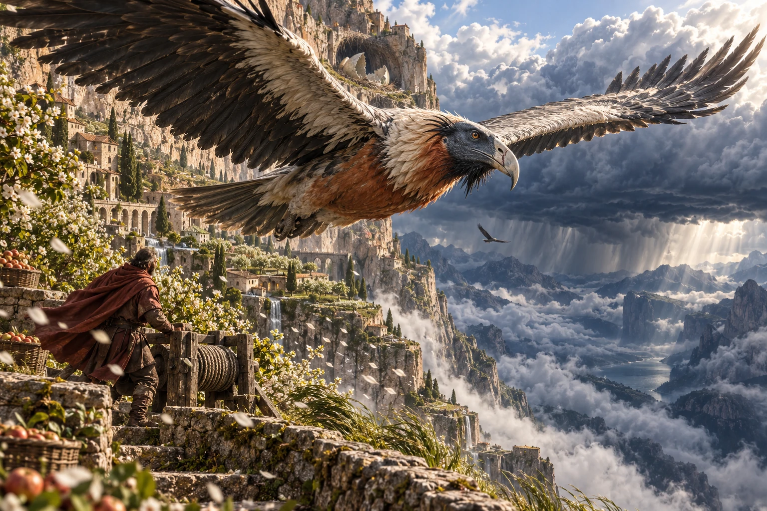 A colossal rust-breasted bird with slate-blue face banks over an orchard keeper, its long pale wings opening above immense storm clouds.