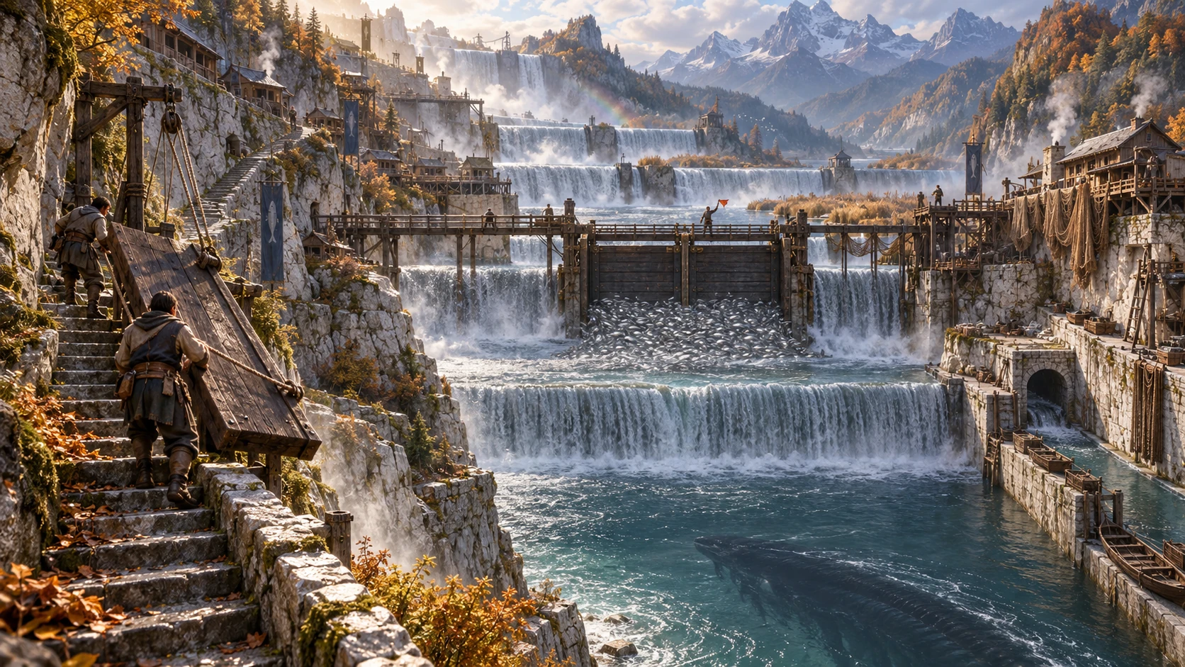 Adult keepers haul a gate board up a continuous cliff stair beside terraced falls, a crowded fish passage and a broad predator wake in the lower basin.