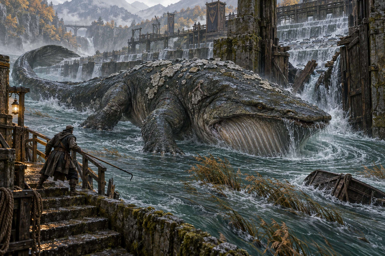 A vast low river predator draws water into its pleated throat beside an adult keeper on a raised stair; closed sluices and stranded boats frame its mineral-armored back.