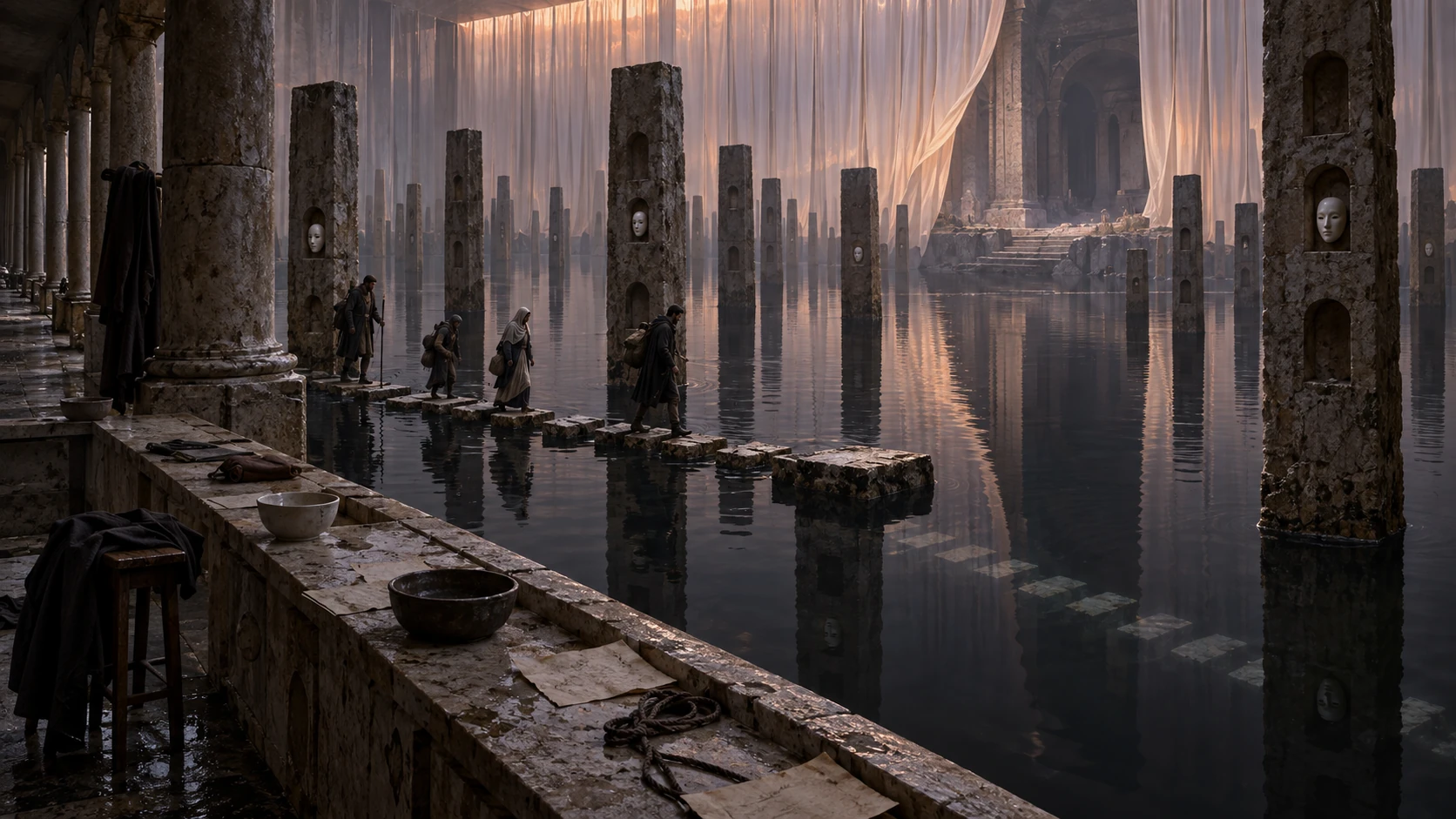 Sparse porcelain masks occupy tall limestone stelae above black water; a refugee procession follows stepping stones past a registration counter.