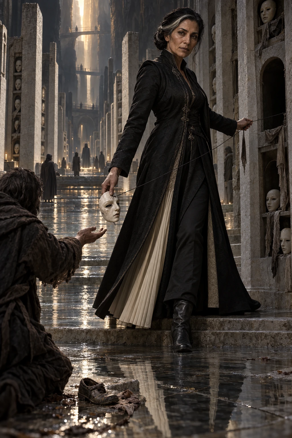 Vesrane, a mature woman in a black coat with one pale fold, holds a porcelain mask and a taut dark thread in a flooded limestone registry.